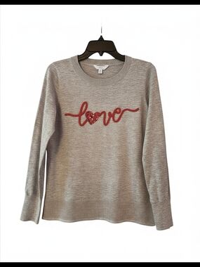 Time and Tru Light Gray Red Script "love" Heart Knit Crewneck Sweater